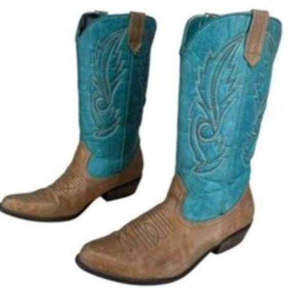 Turquoise and Brown Western Boots - Picture 1 of 7